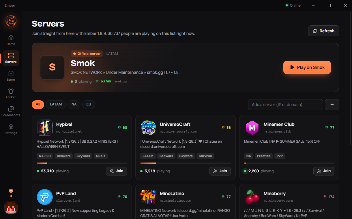 The Servers tab in the Ember launcher